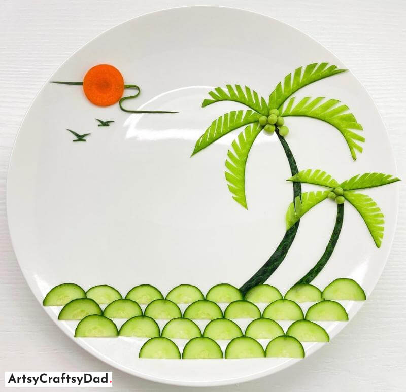 Cucumber Coconut Tree and Grass Plate Decoration - Inviting Salad Plate Decoration Concepts for Children