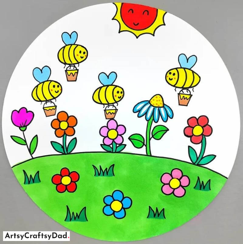 Cute Bees with Honey in Flower Garden Drawing - Innovative ideas for round paperboard crafts