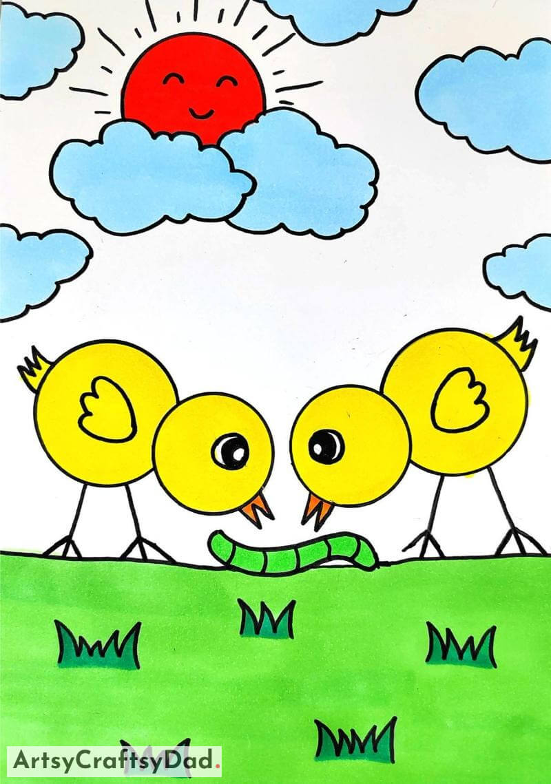 Cute Birds and Sun Drawing for Teenagers- Animal Artwork for Kids 