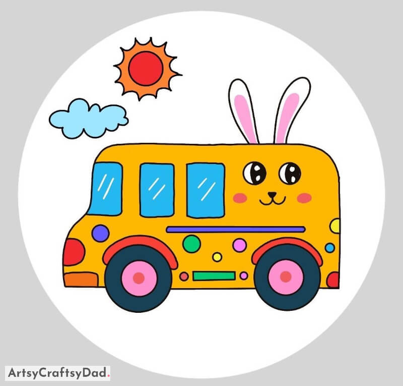 Cute Bunny Face School Bus Drawing - Charming Illustrations of Transportation for Youngsters