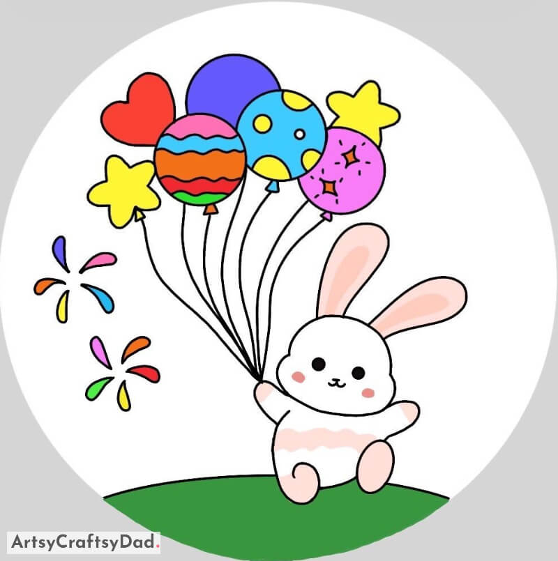 Cute Bunny Holding Colorful Ballons Drawing for Kids - Colourful Illustrations for 10-15 year olds 