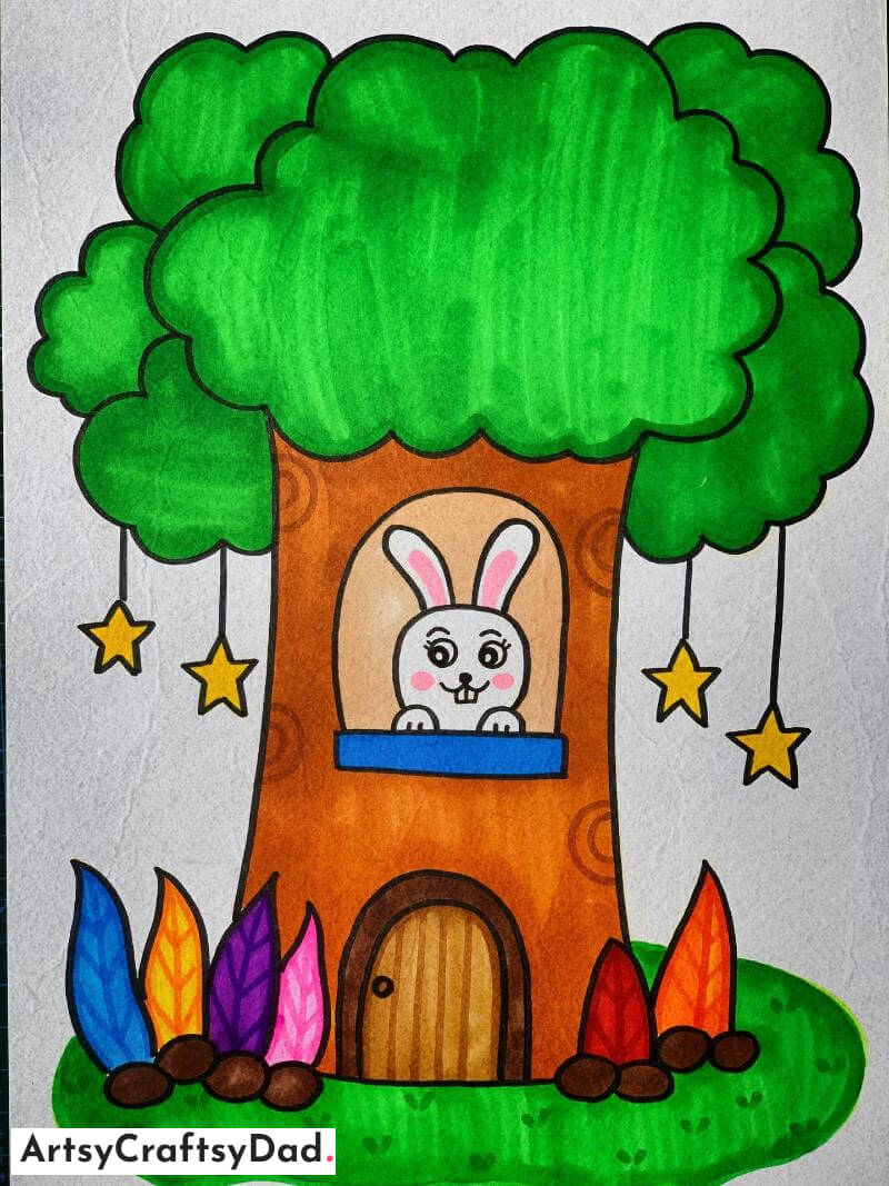 Cute Bunny in Tree House Drawing for Kids - Alluring Animal Home Pictures - Imagination is the Ceiling!