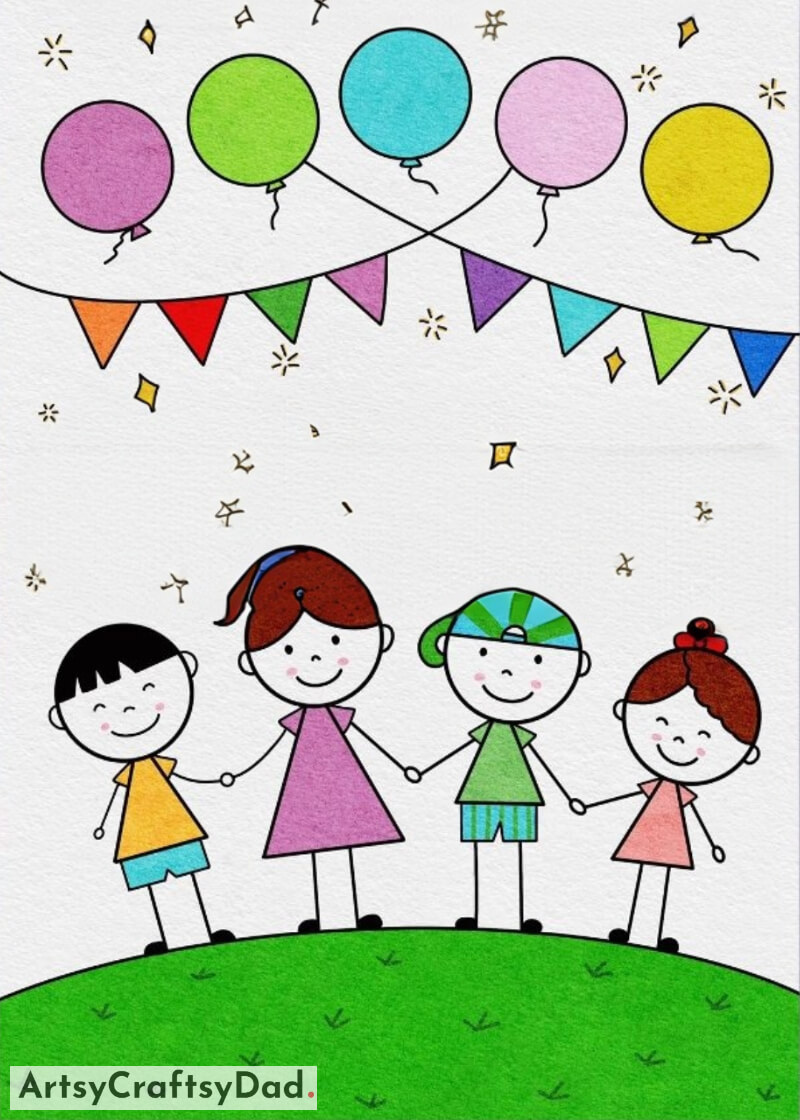 Cute Children with Colorful Balloons Drawing for Kids - Inventive & Lively Art Projects for Kids