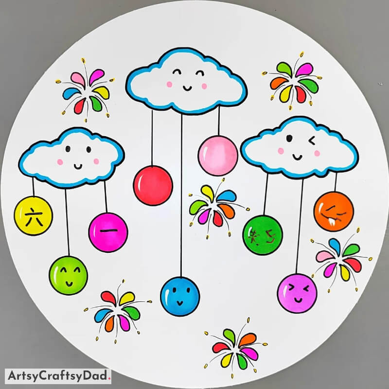 Cute Smiling Clouds with Hanging Balls Drawing - Lovely Illustrations of Pretty Blossoms and Plants