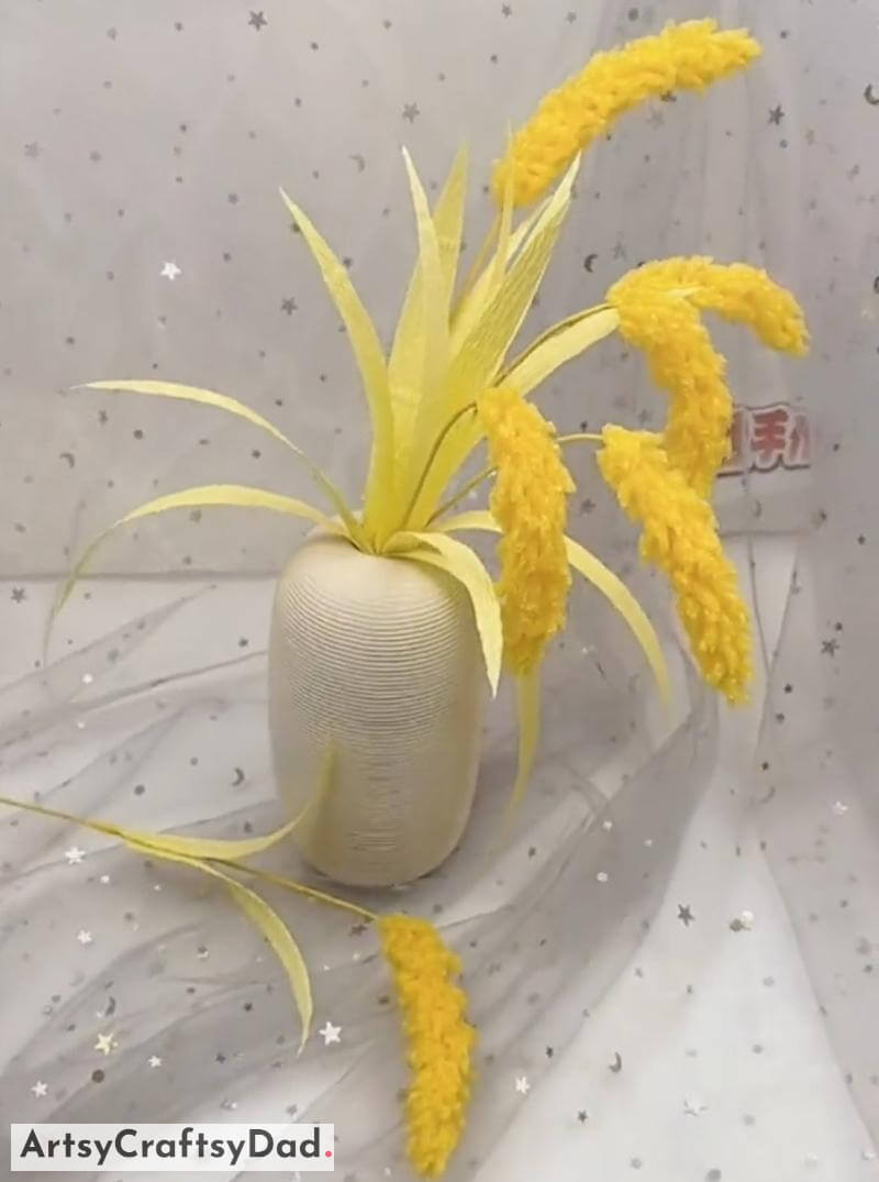 DIY Wheat Spike Flower Craft Using Yellow Fabrics - Crafting Artwork with Reused Items Featuring Lively Blooms 