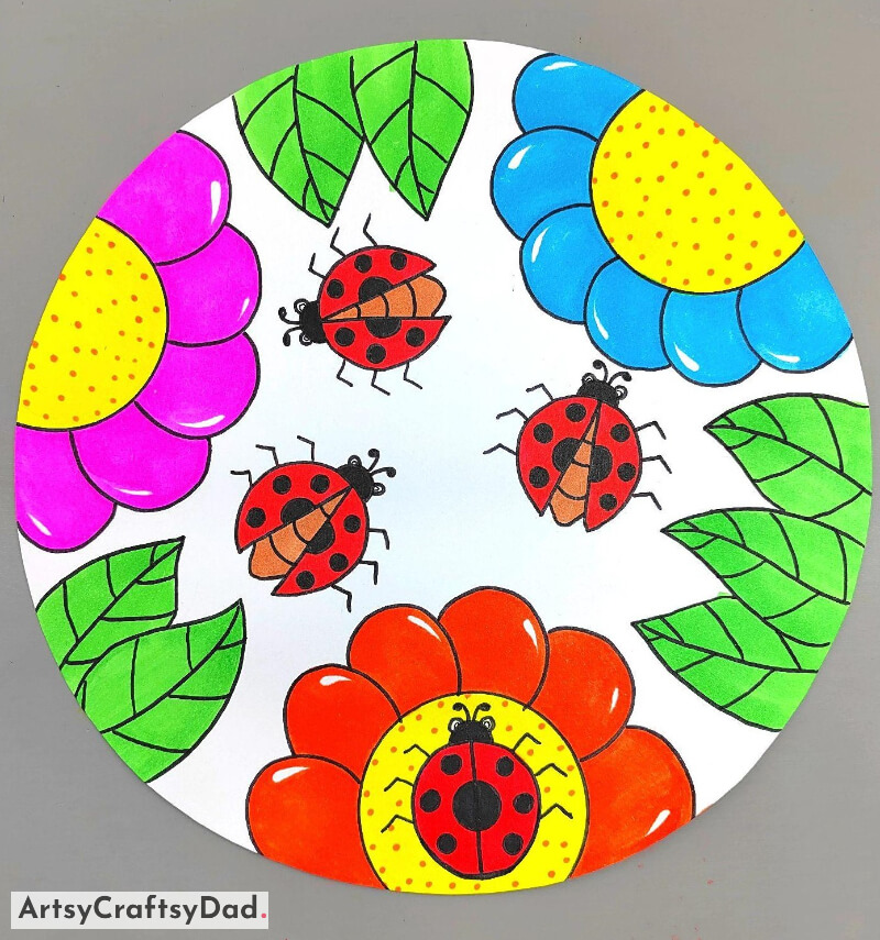 Drawing of Delightful Flowers with Ladybugs - Magnificent Designs of Adorable Flowers and Trees