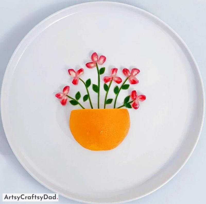 Easy Flower Pot Food Plate Decoration Using Orange and Pomegranate - Savory Food Plate Arrangement on White Plate