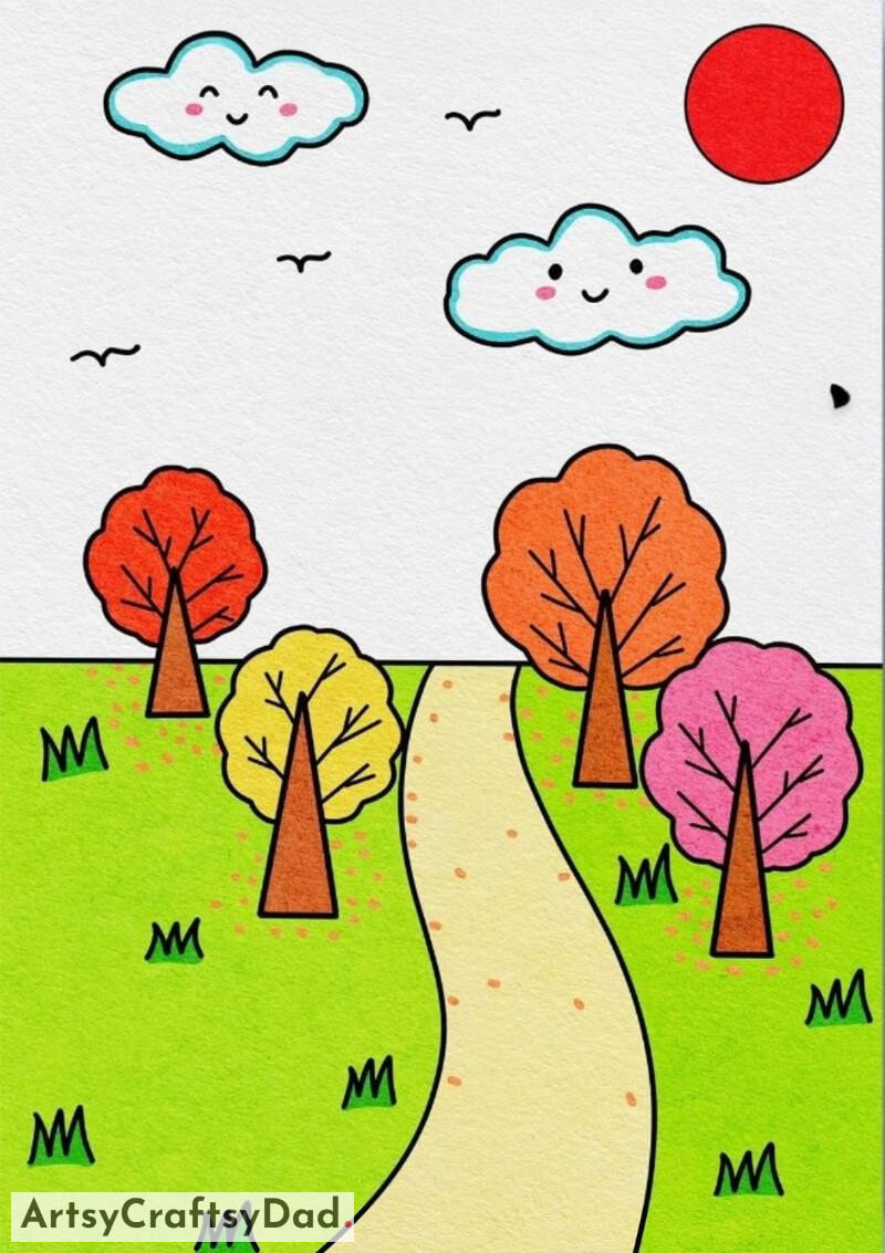 Easy Landscape with Clouds Drawing for Children- Kids will be delighted by these attractive character drawings. 