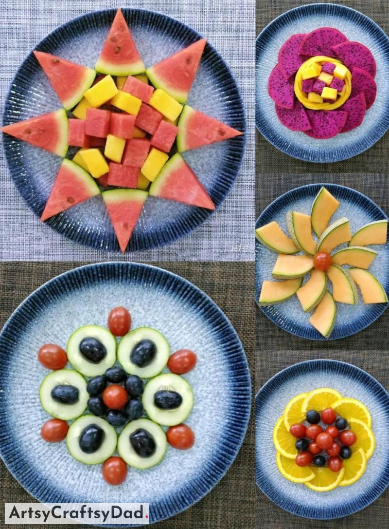 Easy Varieties of Fruits Plate Decoration Idea For Kids - An uncomplicated way to decorate a plate of fruit for children