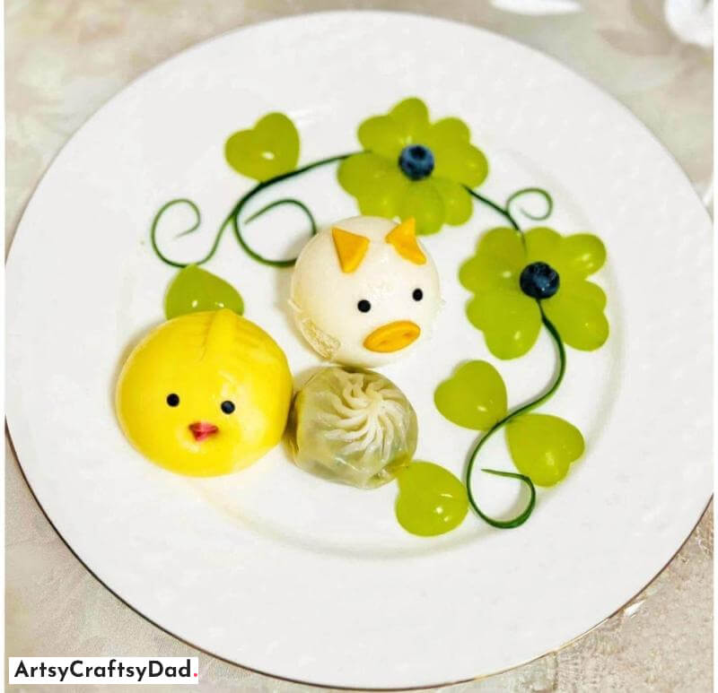 Egg Pig and Lemon Chick Food Plating Decoration With Grape Bunch - Making Your Plate Stand Out By Utilizing Fruit