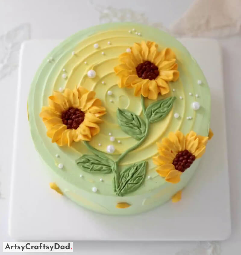 Elegant Pastel Green Cake Design Idea With Sunflowers & Pearls - Thoughts for Embellishing a Sunflower Cake