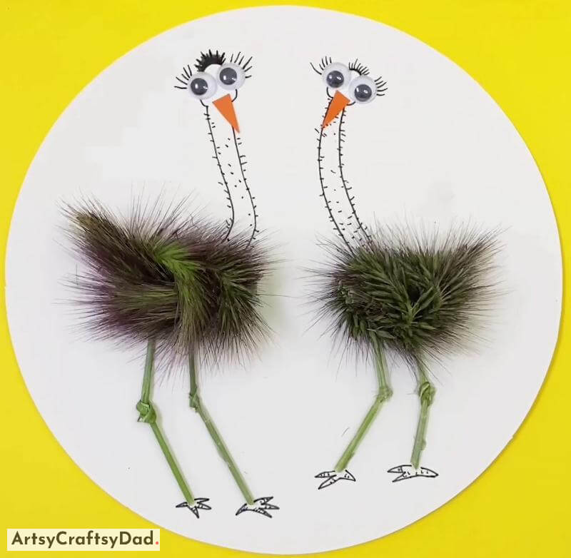 Emu Drawing with Fur - Easy Art and Craft Idea For Kids - Making a Circular Picture with Reclaimed Supplies 