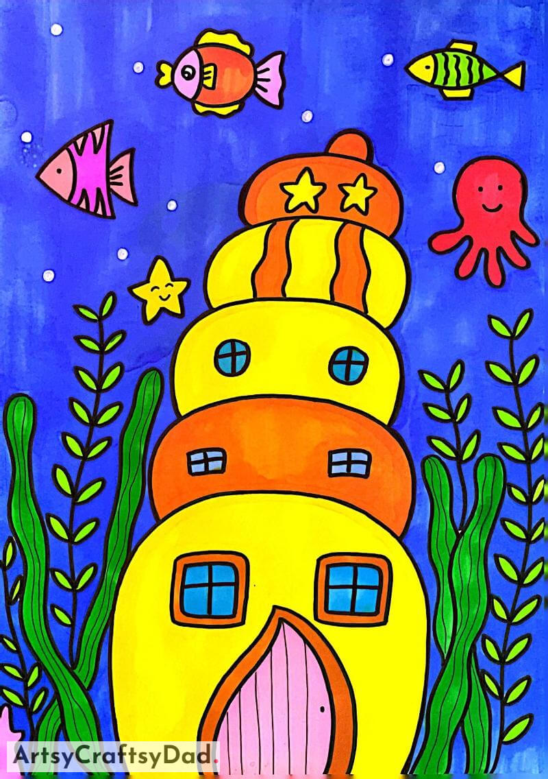 Fish Home in Ocean Drawing- Ideas for artistic expression for 8-10 year olds