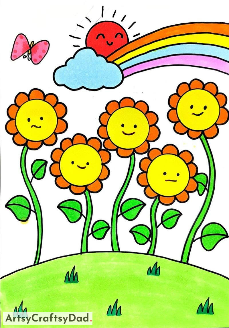 Flowers and Colorful Rainbow Drawing - Techniques to catch the attention of the drawing teacher