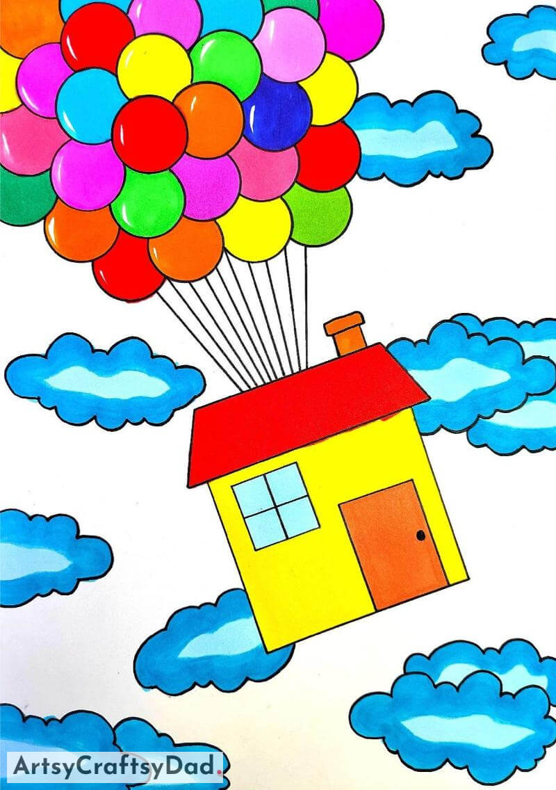 Flying House with Balloons in the Clouds Drawing Idea- Fun Illustrations for 10-12 Year Olds 