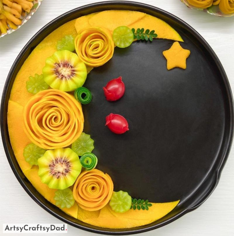 Fruit Flower Carving on Crescent Moon Plate Decoration - Parent-Child Ideas for Decorating Food Plates