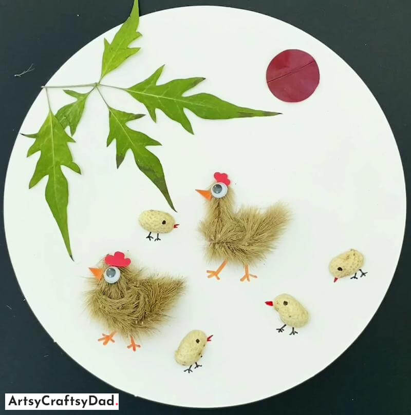 Garo Hill Grass Hens and Peanut Shell Chicks Craft Idea - Crafting a Round Design with Discarded Resources 