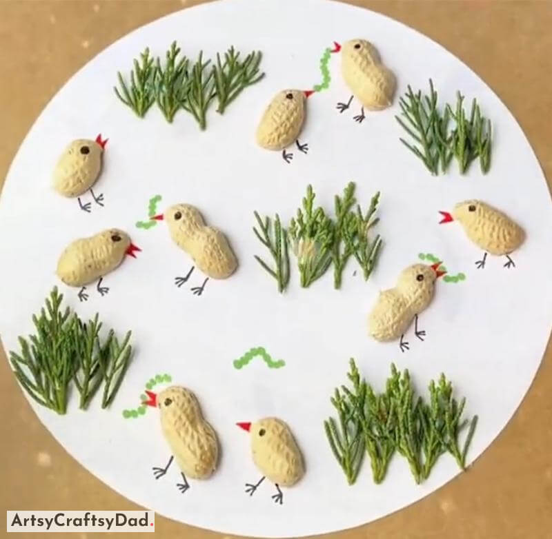 Groundnut Shell Chickens Craft Idea for Kids - Creating a Round Artwork with Reclaimed Items 