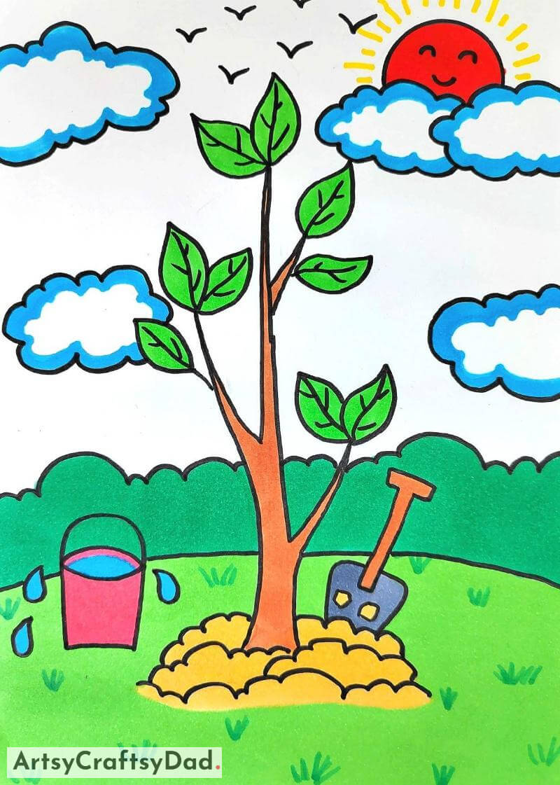 Growing Plant in a Sunny Day Drawing Idea - Creative Drawing Projects for Youngsters 