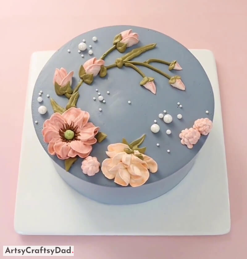 Handmade Buttercream Flower and Pearl Cake Decoration For Birthday - Enchanting Floral Cake Creations 