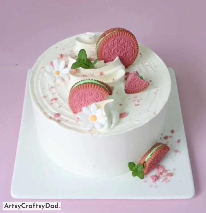 Handmade Cake Decoration Idea With Pink Biscuit - Utilizing White & Pink Cream for Cake Design