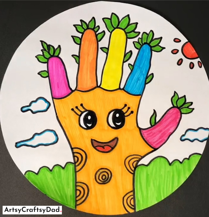 Handprint Smiley Tree Drawing Idea A notion of a tree decorated with a handprint shaped like a happy face.