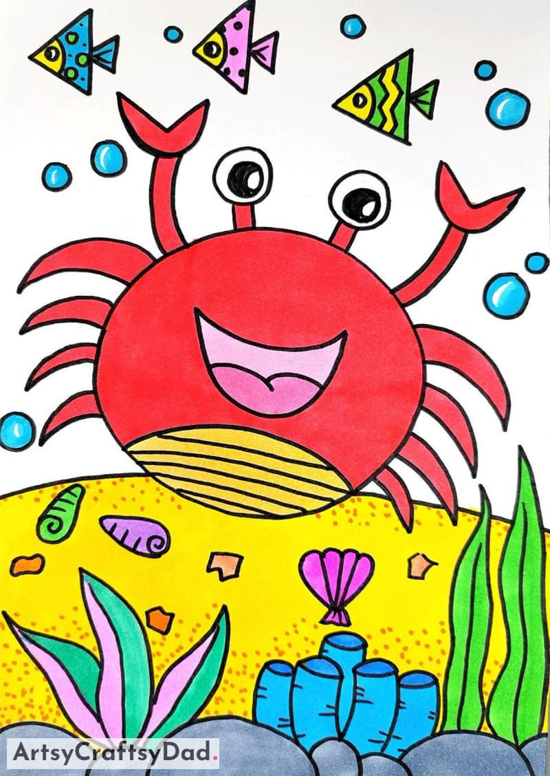 Happy Crab Drawing for Kids age 8-10- Animal Portraits for Miniature People 