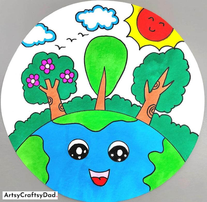 Happy Earth and Sun Drawing Art Project For Kids - Artistic activities utilizing round paperboard