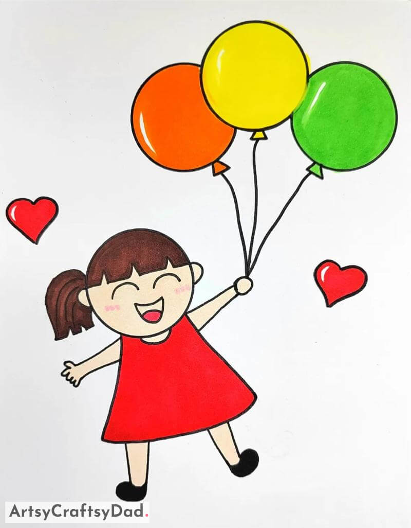 Happy Girl Holding Colorful Balloons Drawing- Kids are sure to be captivated by these stunning character drawings.