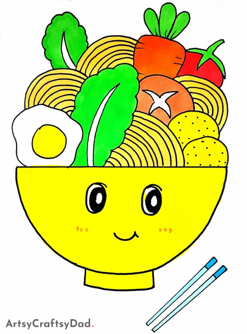 Happy Noodle bowl with a vegetable drawing Idea - Creative & Energetic Drawing Ideas for the Young