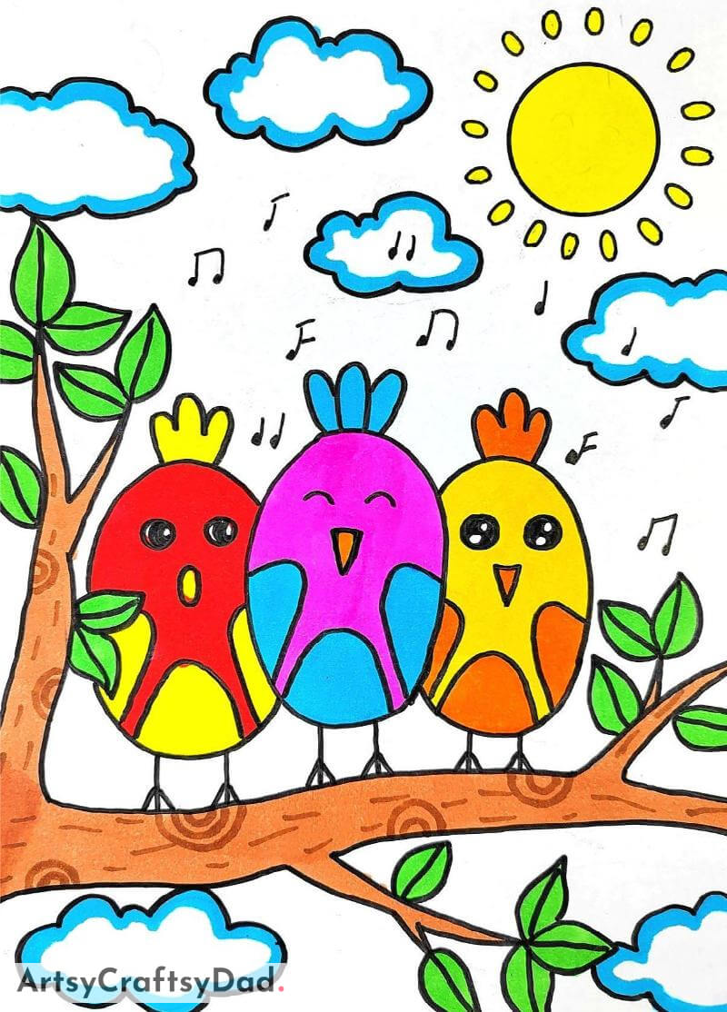 Happy Singing Birds on Tree Drawing - Interesting Drawing Projects for Kids 