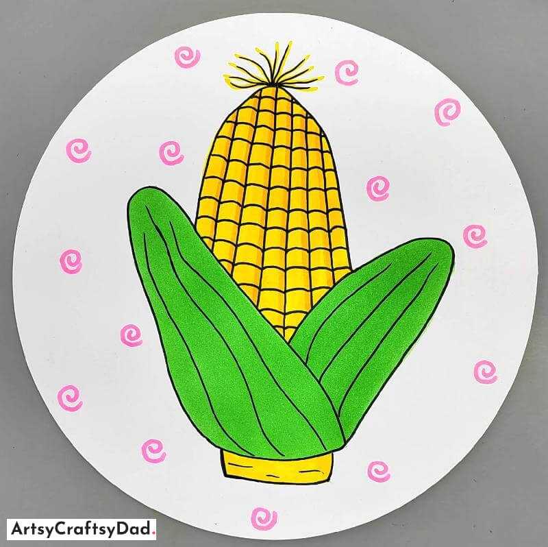 Healthy Corn Drawing Ideas for Kids - Making artworks on round paper board. 