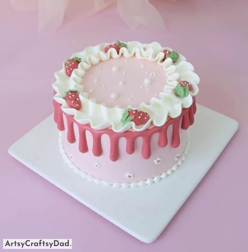 Homemade Strawberry Cake Decoration With Fondant Strawberries - Get Creative with White & Pink Cream for Cake Design
