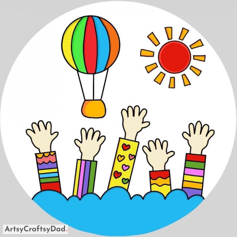 Hot Air Balloon on Sunny Day and Children's Hands Drawing - Bright Artwork for the 10-15 age group