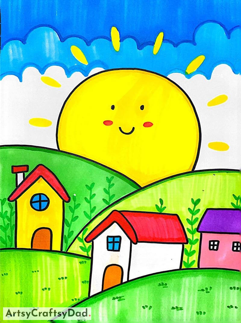 House and Bright Sun Drawing Idea- A Range of Colorful Pictures for Pre-teens 