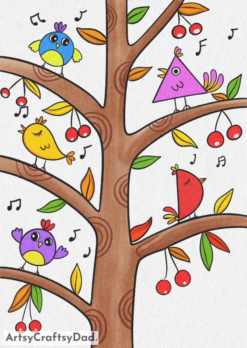 Joyful Birds Singing on a Cherry Tree Drawing for Kids - Enjoyable and Stimulating Drawing Plans for Kids 