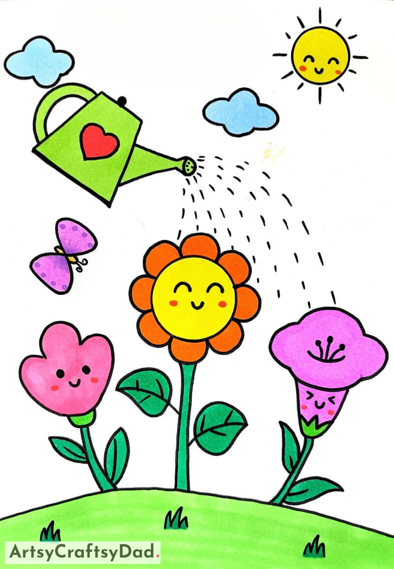 Lovely Flowers Being Watered Drawing for Children - Stimulating Kids to Be Creative through Drawing 