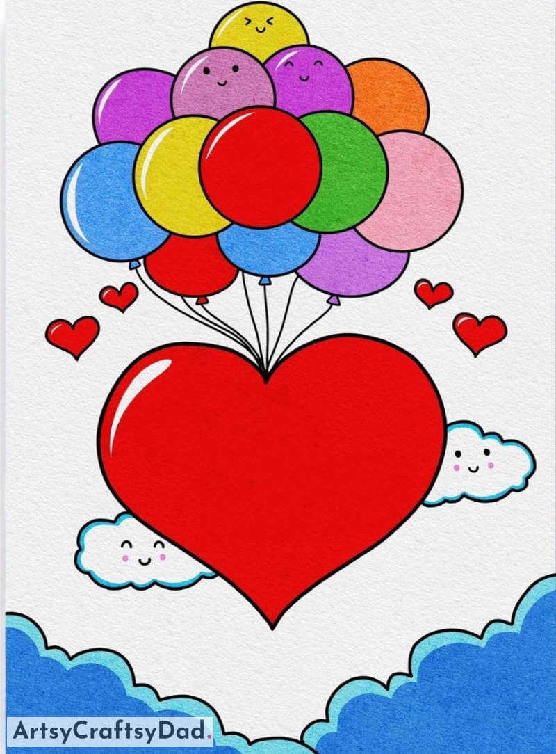 Lovely Heart Flying with Colorful Balloons Drawing- Alluring Art for Ten to Twelve Year Olds
