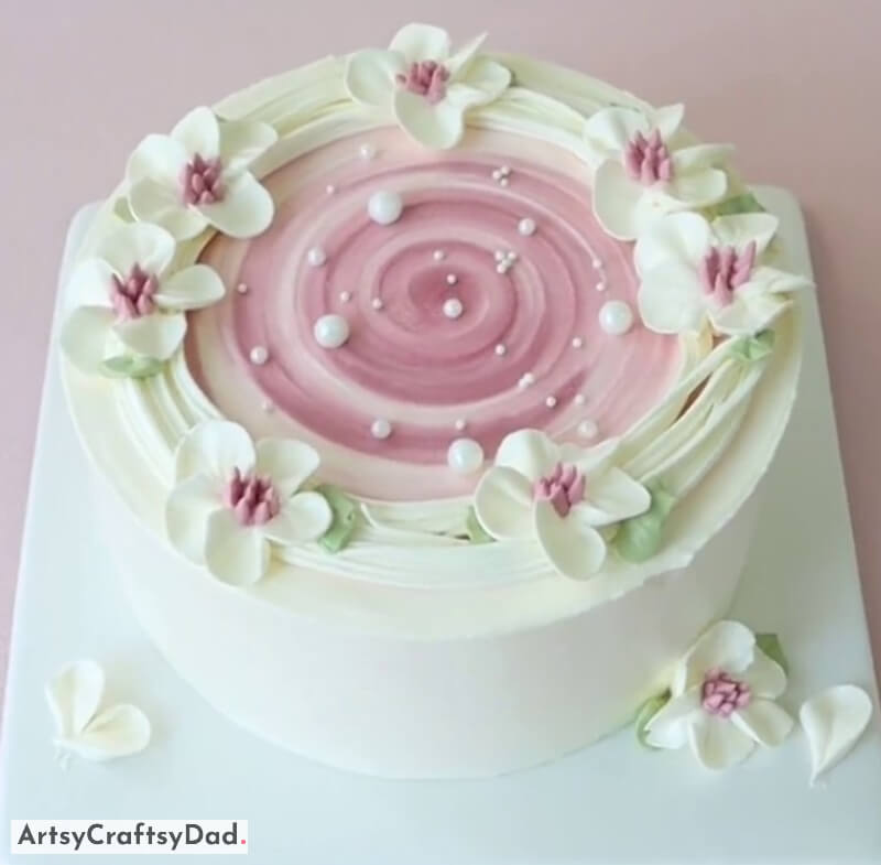 Lovely Pink and White Cherry Blossom Flower Cake Design With Pearls - Cake Decor with White & Pink Cream