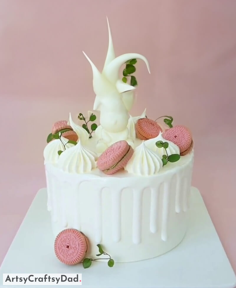 Make an Elegant White Cake With Pink Biscuits for Decoration - Crafting of Cakes with White and Pink Cream 