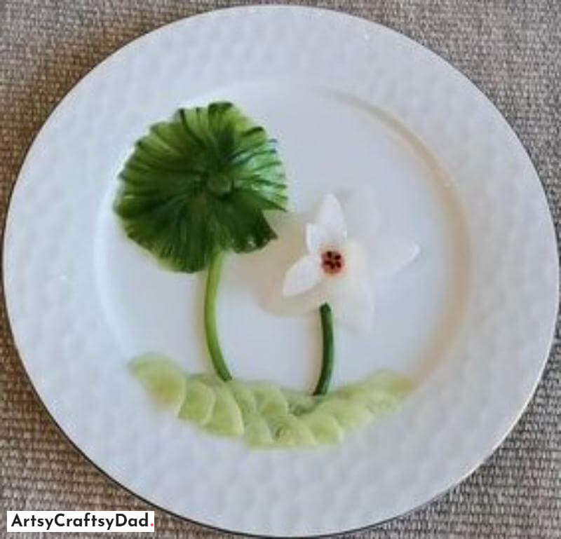 Onion and Cucumber Carving Flower Plate Decoration Idea - Succulent Cuisine Decorated on White Dish