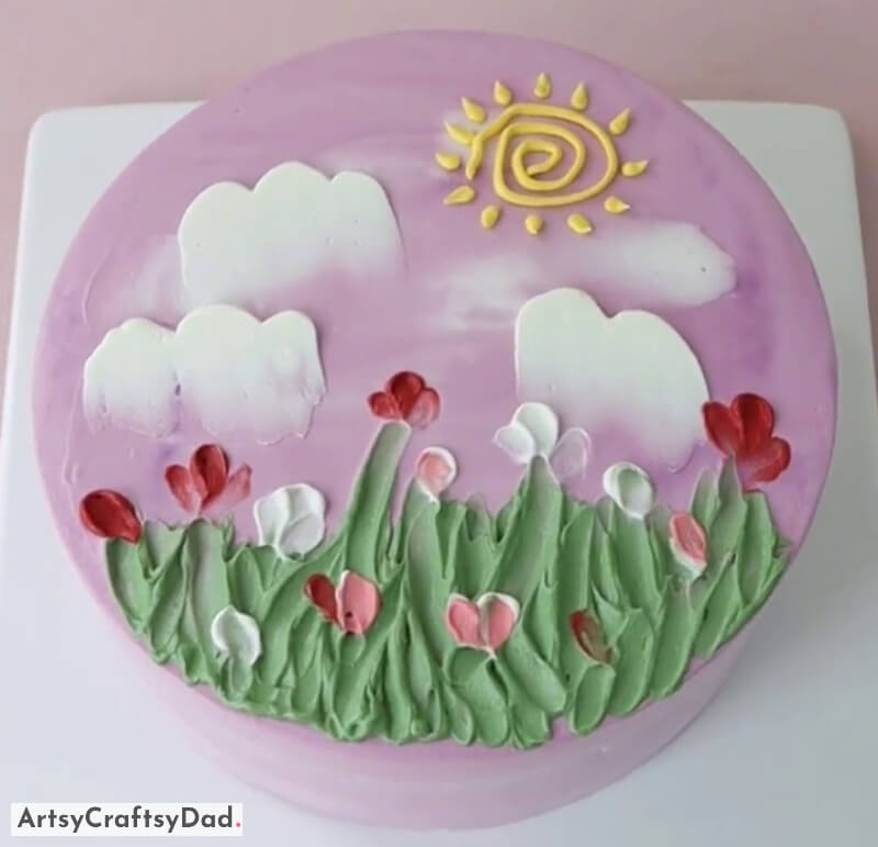 Painted Buttercream Flowers, Clouds, and Sun - Nature Theme Cake Decoration Idea - Unusual Nature-Themed Cake Ornamentation 