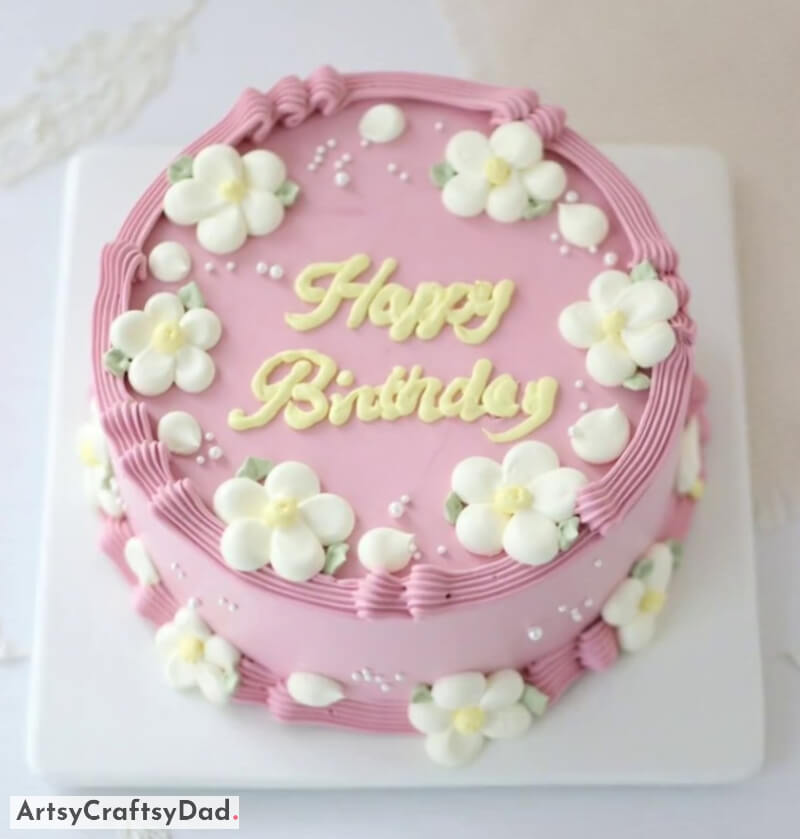 Pink Birthday Cake Decoration with White Flowers - Simple Decorations for Birthday Cakes