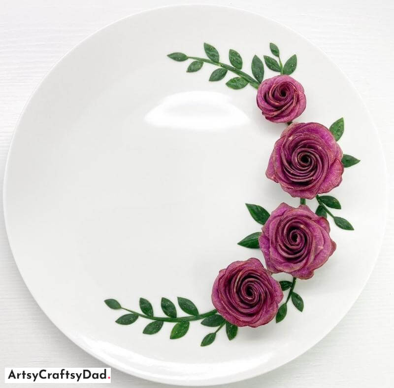 Pink Flower Design Idea for Food Plate Decoration - Clever Decorating Approaches for Semi-Circular Designs on Circular Dishes