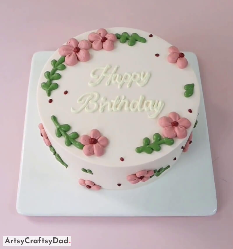 Pink Flower With Green Stem and Leaves - Birthday Cake Decoration - Quick techniques to beautify a birthday cake