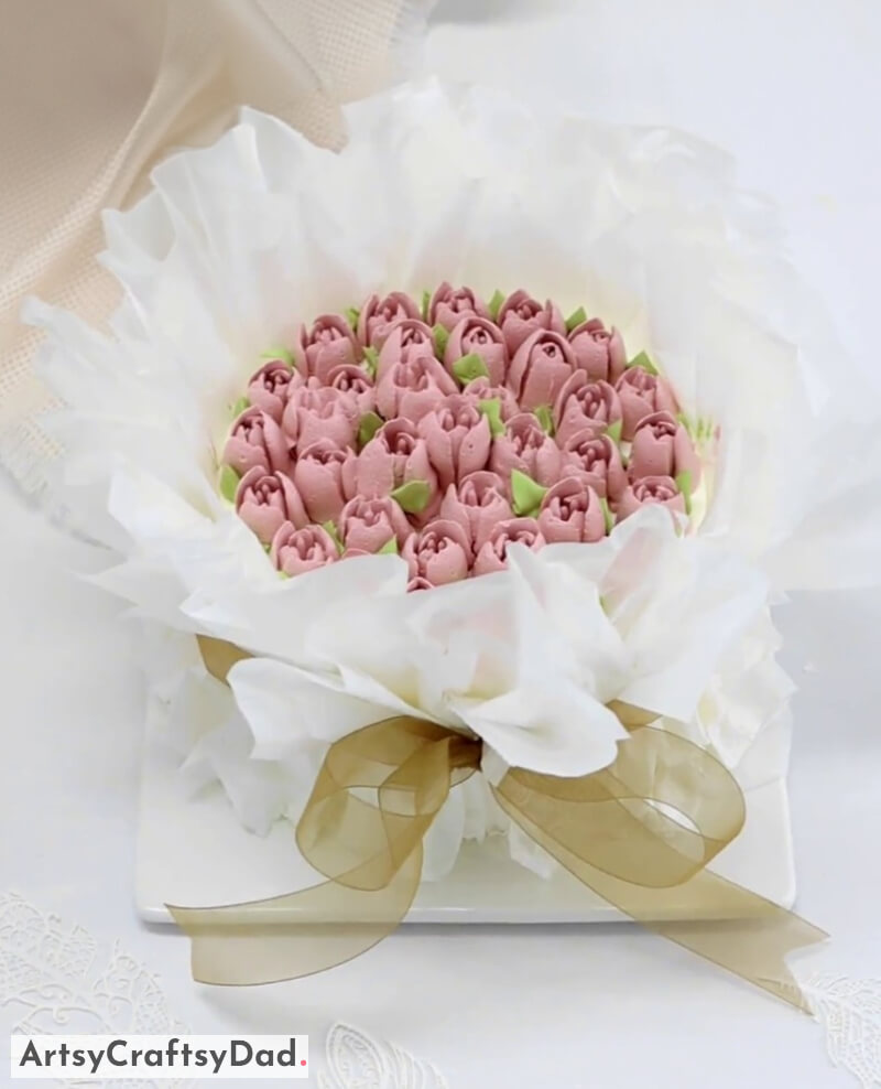 Pink Rose Flower Bouquet Cake Decoration Idea With White Wrapping - Incredible Blossomed Cake Decorated With Pink and White Cream