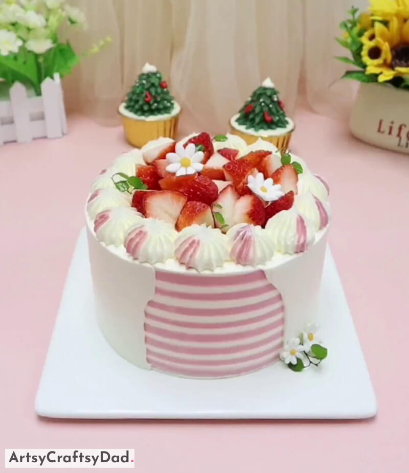 Pink Strawberry Flavor Cake Decoration With Strawberries Topping - Savory & Flavorful Strawberries Topping Cake Ornamentation Concepts
