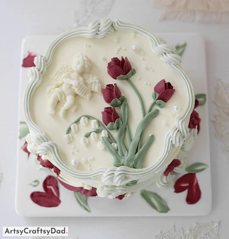 Pretty Spring Tulip Flower Cake Design Idea With Little Angle - Lovely Floral Cake Arrangements