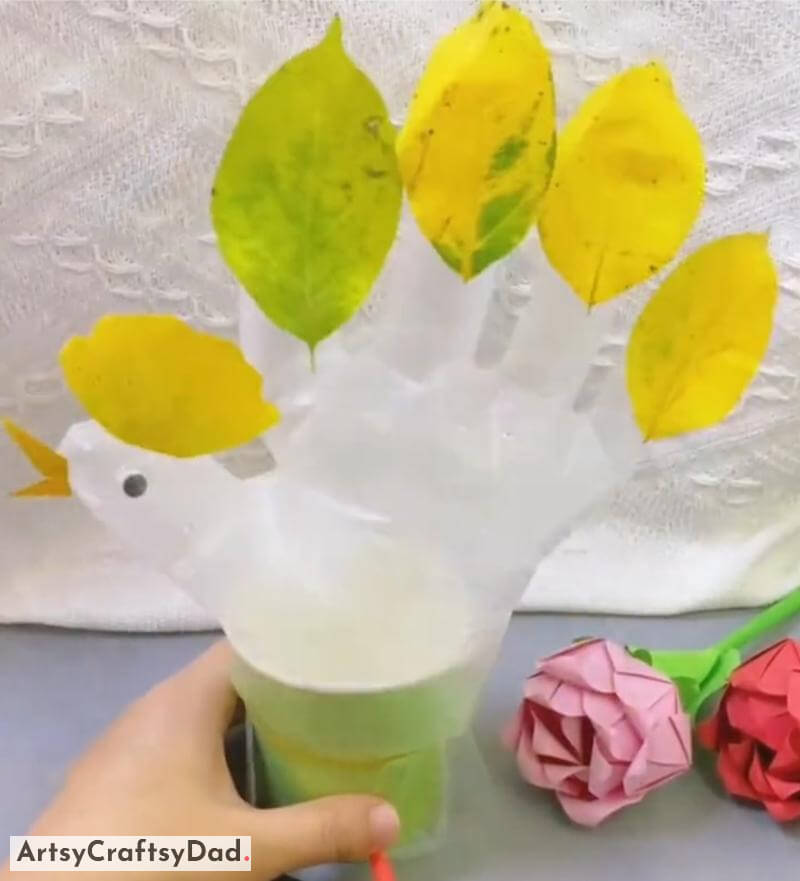 Rooster Craft Activity Using Polythene Gloves and Autumn Leaves - Entertaining Crafts For Children