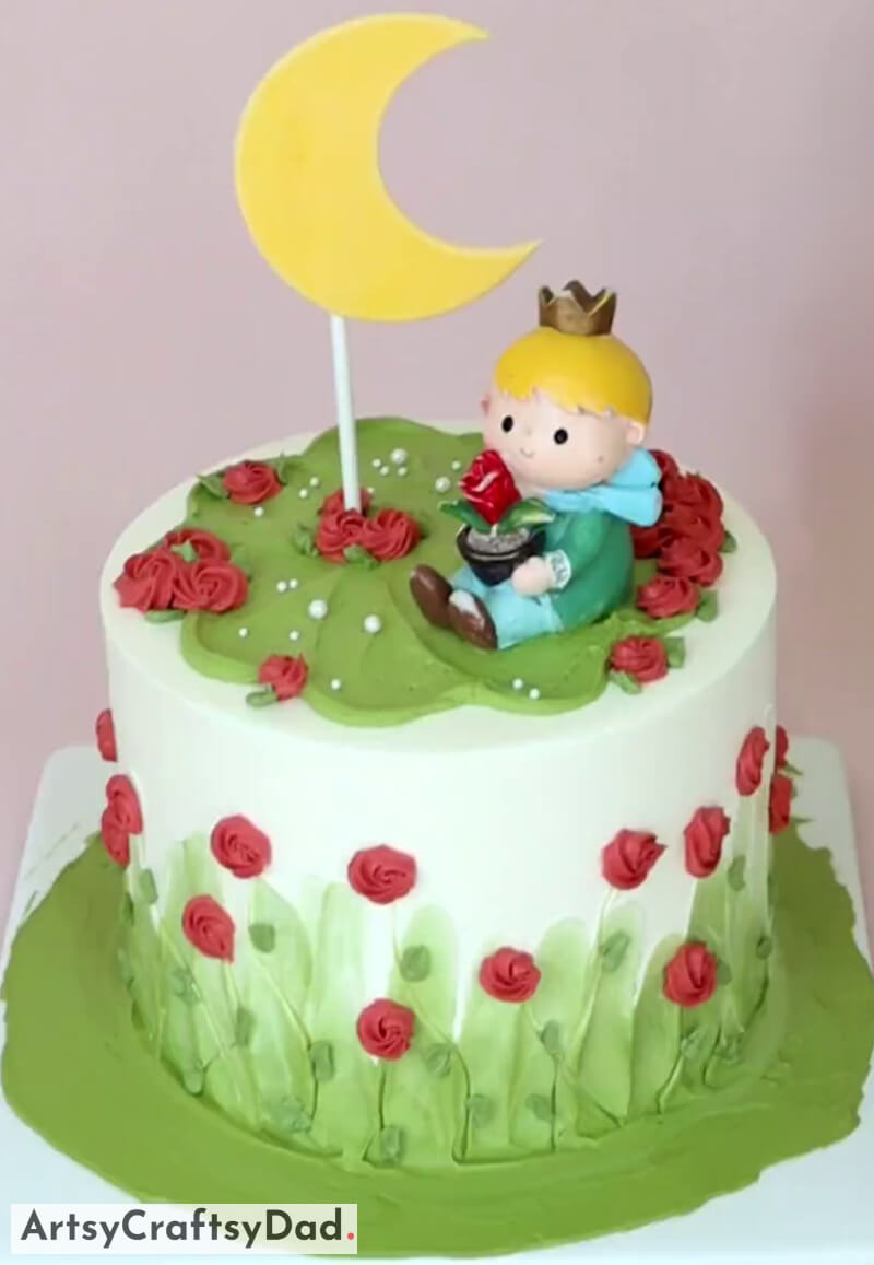 Rose Flower Garden Theme Cake Decoration Idea With Little Prince - Appealing Adornments For Kids' Birthday Cakes